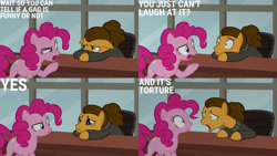 Size: 1280x720 | Tagged: safe, derpibooru import, edit, edited screencap, editor:quoterific, screencap, cheese sandwich, pinkie pie, earth pony, pony, season 9, the last laugh, clothes, crying, ears, female, floppy ears, jacket, male, mare, open mouth, stallion