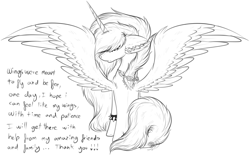 Size: 2035x1266 | Tagged: safe, artist:beamybutt, derpibooru import, oc, oc only, oc:moonbeam, alicorn, pony, alicorn oc, ear fluff, ears, female, horn, lineart, mare, monochrome, spiked wristband, spread wings, wings, wristband