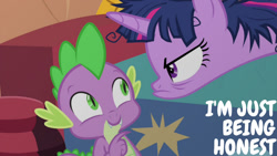 Size: 1280x720 | Tagged: safe, derpibooru import, edit, edited screencap, editor:quoterific, screencap, spike, twilight sparkle, twilight sparkle (alicorn), alicorn, dragon, pony, inspiration manifestation, season 4, angry, bed, female, golden oaks library, male, mare, messy mane, smiling