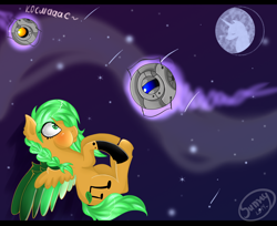 Size: 1834x1500 | Tagged: safe, artist:herusann, derpibooru import, oc, pegasus, pony, colored wings, mare in the moon, moon, pegasus oc, personality core, portal (valve), space, space core, stars, two toned wings, wheatley, wings