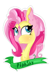 Size: 998x1500 | Tagged: safe, artist:herusann, derpibooru import, fluttershy, pinkie pie, earth pony, pony, bust, chest fluff, ear fluff, ears, eyelashes, fusion, simple background, smiling, solo, transparent background