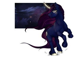 Size: 1155x898 | Tagged: safe, artist:royvdhel-art, derpibooru import, oc, oc only, oc:solar eclipse, pony, unicorn, cloud, glowing, glowing horn, horn, night, rearing, simple background, solo, unicorn oc, unshorn fetlocks, white background