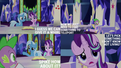 Size: 1280x720 | Tagged: safe, derpibooru import, edit, edited screencap, editor:quoterific, screencap, spike, starlight glimmer, trixie, dragon, pony, unicorn, all bottled up, season 7, cutie map, female, male, mare, open mouth, twilight's castle