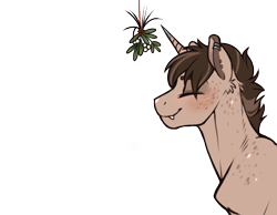 Size: 536x416 | Tagged: safe, artist:royvdhel-art, derpibooru import, oc, oc only, oc:rj, pony, unicorn, bust, ear piercing, earring, eyes closed, horn, jewelry, mistletoe, piercing, simple background, smiling, solo, transparent background, unicorn oc