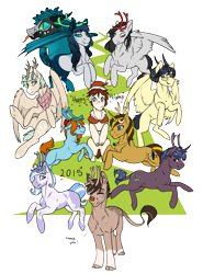 Size: 1200x1623 | Tagged: safe, artist:royvdhel-art, derpibooru import, oc, oc only, oc:rj, earth pony, monster pony, original species, pegasus, plant pony, pony, unicorn, antlers, augmented, augmented tail, christmas, cow plant pony, earth pony oc, female, hat, holiday, horn, male, mare, pegasus oc, plant, red nose, santa hat, simple background, smiling, stallion, tail, transparent background, unicorn oc, wings