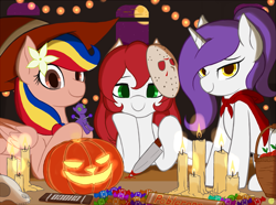 Size: 1615x1200 | Tagged: safe, artist:lemon, derpibooru import, oc, oc:lemon scent, oc:palette swap, oc:pearl shine, earth pony, pegasus, unicorn, apple, blood, candies, candle, cape, chocolate, clothes, dagger, food, halloween, hat, hockey mask, holiday, jack-o-lantern, jason voorhees, mask, moon, nation ponies, philippines, pumpkin, red riding hood, skull, voodoo doll, weapon, witch, wizard hat