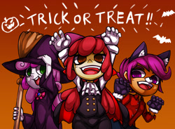 Size: 1414x1042 | Tagged: safe, artist:kyouman1010, derpibooru import, apple bloom, scootaloo, sweetie belle, equestria girls, bow, broom, cat ears, clothes, cute, cute little fangs, cutie mark crusaders, fangs, female, hair bow, halloween, hat, holiday, open mouth, open smile, robe, smiling, text, trio, trio female, witch hat