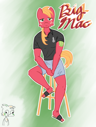 Size: 1200x1600 | Tagged: safe, artist:tastimelon, derpibooru import, big macintosh, anthro, clothes, freckles, gradient background, male, sandals, shorts, solo, stool