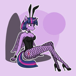 Size: 1280x1280 | Tagged: safe, artist:tastimelon, derpibooru import, twilight sparkle, twilight sparkle (alicorn), alicorn, anthro, alternate hairstyle, breasts, bunny ears, bunny suit, cleavage, clothes, cuffs (clothes), fishnet pantyhose, fishnet stockings, headlight sparkle, high heels, leotard, shoes, short mane, sitting, solo