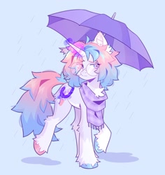 Size: 2038x2160 | Tagged: safe, artist:stellarsleep, derpibooru import, oc, oc only, pony, unicorn, clothes, glasses, magic, male, rain, round glasses, scarf, simple background, solo, stallion, telekinesis, umbrella