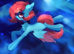 Size: 2000x1462 | Tagged: safe, artist:starrcoma, derpibooru import, oc, oc only, pegasus, pony, choker, colored wings, ear fluff, ears, female, flying, glasses, looking at you, mare, night, solo, two toned wings, wings