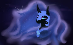 Size: 3121x1922 | Tagged: safe, artist:adeleraven, derpibooru import, nightmare moon, alicorn, pony, blue background, blue eyes, blue mane, bust, digital art, ethereal mane, eyelashes, female, flowing mane, helmet, horn, looking at you, night, simple background, solo, starry mane, stars