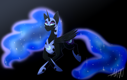 Size: 1024x646 | Tagged: safe, artist:alexiaf13, derpibooru import, nightmare moon, alicorn, pony, black background, blue eyes, blue mane, blue tail, colored pupils, ethereal mane, feather, female, flowing mane, flowing tail, folded wings, helmet, hoof shoes, horn, signature, simple background, solo, starry mane, starry tail, stars, tail, wings