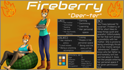 Size: 3840x2160 | Tagged: safe, artist:donglysfm, derpibooru import, oc, oc:fireberry, anthro, deer, plantigrade anthro, 3d, anthro oc, antlers, barefoot, beanbag chair, book, clothes, daughter, deer oc, feet, female, reference sheet, revamped anthros, source filmmaker, sports bra, tablet, teenager