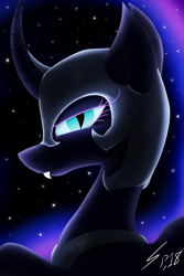 Size: 2000x3000 | Tagged: safe, artist:spyrophantom, derpibooru import, nightmare moon, alicorn, pony, blue eyes, blue mane, bust, colored pupils, curved horn, dark, digital art, ethereal mane, eyelashes, fangs, female, flowing mane, helmet, horn, looking at you, night, signature, solo, starry mane, stars, wings