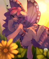Size: 1504x1802 | Tagged: safe, artist:starrcoma, derpibooru import, oc, oc only, pegasus, pony, belly button, butterfly wings, chest fluff, clothes, costume, flower, flying, looking at you, one eye closed, solo, underhoof, wings, wink