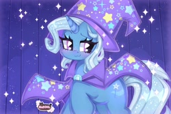 Size: 4096x2731 | Tagged: safe, artist:bunxl, derpibooru import, trixie, pony, unicorn, boast busters, :3, cape, clothes, curtains, cute, cutie mark, diatrixes, eyelashes, female, hat, horn, lidded eyes, mare, scene interpretation, smiling, solo, sparkles, stars, tail, trixie's cape, trixie's hat