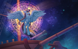 Size: 1577x1000 | Tagged: safe, artist:margony, derpibooru import, oc, oc only, alicorn, pony, alicorn oc, boat, braid, cannon, horn, magic, magic circle, sky, solo, space, stars, wings