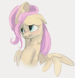 Size: 909x939 | Tagged: safe, artist:dotkwa, derpibooru import, fluttershy, pegasus, pony, arm behind head, armpits, blushing, bust, ears, female, floppy ears, frog (hoof), gray background, lip bite, mare, one wing out, simple background, solo, sweat, underhoof, wings