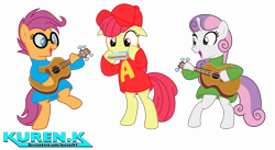 Size: 19000x10443 | Tagged: safe, artist:kuren247, derpibooru import, apple bloom, scootaloo, sweetie belle, earth pony, pegasus, pony, unicorn, alvin and the chipmunks, cutie mark crusaders, female, guitar, harmonica, mare, musical instrument, parody, simple background, transparent background