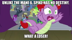 Size: 888x499 | Tagged: safe, edit, edited screencap, screencap, spike, dragon, horse play, background pony strikes again, booing, food, imgflip, male, meme, op isn't even trying anymore, spikeabuse, stage, text, tomato, tomatoes