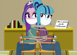 Size: 1058x756 | Tagged: safe, artist:robukun, derpibooru import, aria blaze, sonata dusk, equestria girls, back to back, bondage, bound and gagged, bound together, duo, duo female, female, gag, rope, rope bondage, sign, tape, tape gag, tied to chair, tied up