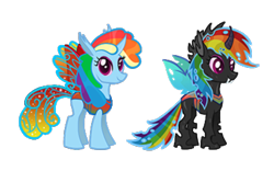 Size: 1920x1200 | Tagged: safe, artist:naturajellyfish, derpibooru import, rainbow dash, changedling, changeling, pegasus, changedlingified, changelingified, duality, eyeshadow, fangs, gameloft, looking at you, makeup, multicolored hair, pink eyes, rainbow hair, simple background, smiling, smiling at you, species swap, transparent background