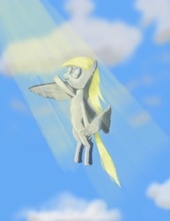 Size: 2550x3300 | Tagged: safe, artist:short tale, derpibooru import, derpy hooves, oc, oc:sunray, pegasus, digital art, flying, happy, sky, sunlight