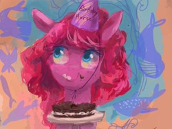 Size: 1367x1023 | Tagged: safe, derpibooru import, pinkie pie, earth pony, pony, birthday, cake, food, simple background, solo