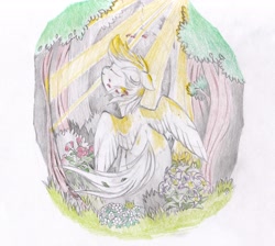 Size: 5105x4572 | Tagged: safe, artist:foxtrot3, derpibooru import, oc, oc only, oc:light winds, pegasus, pony, crepuscular rays, eyes closed, flower, flower petals, forest, leaves, nature, scenery, smiling, solo, sunlight, traditional art