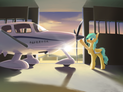 Size: 3649x2735 | Tagged: safe, artist:blue ink, derpibooru import, oc, oc only, oc:lemonade candy, pegasus, pony, clipboard, plane, smiling, solo, sun, sunset