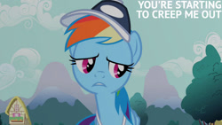 Size: 1280x720 | Tagged: safe, derpibooru import, edit, edited screencap, editor:quoterific, screencap, rainbow dash, pegasus, pony, may the best pet win, season 2, cap, female, hat, mare, solo