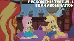 Size: 1280x720 | Tagged: safe, derpibooru import, edit, edited screencap, editor:quoterific, screencap, applejack, fluttershy, sunset shimmer, better together, equestria girls, holidays unwrapped, applejack's hat, belt, blizzard or bust, book, boots, clothes, cowboy boots, cowboy hat, cutie mark, cutie mark on clothes, denim skirt, female, geode of fauna, geode of super strength, hat, jewelry, magical geodes, necklace, sandals, shoes, skirt