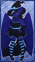 Size: 720x1280 | Tagged: safe, artist:cupid_dissolvi, derpibooru import, oc, oc:cobalt strike, anthro, pegasus, clothes, hat, looking at you, one eye closed, socks, solo, striped socks, thigh highs, wink, witch costume, witch hat