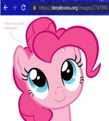 Size: 900x1004 | Tagged: artist needed, safe, derpibooru import, pinkie pie, earth pony, pony, breaking the fourth wall, derpibooru, looking up, meta, pinkie being pinkie, simple background, solo, text, white background