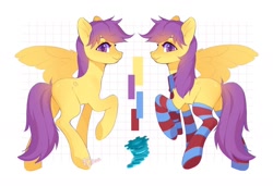 Size: 1440x985 | Tagged: safe, artist:fedos, derpibooru import, oc, oc only, pegasus, pony, clothes, reference sheet, smiling, socks, solo, striped socks, thigh highs