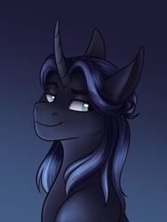 Size: 1070x1423 | Tagged: safe, artist:zahsart, derpibooru import, oc, oc only, pony, unicorn, curved horn, horn, lidded eyes, looking at you, smiling, solo