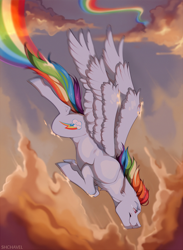 Size: 2000x2737 | Tagged: safe, artist:shchavel, derpibooru import, rainbow dash, pegasus, pony, art, chest fluff, cloud, commission, ears, eyebrows, female, floppy ears, flying, mare, outdoors, rainbow, redraw, sky, smiling, smirk, solo, spread wings, wings