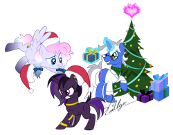 Size: 6000x4694 | Tagged: safe, artist:kaitykat117, derpibooru import, oc, oc only, oc:heavy weather, oc:purple haze, oc:weird science, pegasus, pony, unicorn, absurd resolution, angry, base used, best friends, christmas, christmas tree, female, fire of friendship, frown, glowing, glowing horn, grin, gritted teeth, hat, hearth's warming eve, holiday, horn, magic, magic aura, male, mare, pegasus oc, present, raised hoof, raised leg, santa hat, simple background, smiling, spread wings, stallion, telekinesis, transparent background, tree, unicorn oc, vector, wings