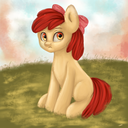 Size: 2500x2500 | Tagged: safe, artist:agnesschan, derpibooru import, apple bloom, earth pony, pony, apple bloom's bow, bow, female, filly, foal, grass, hair bow, sitting, solo