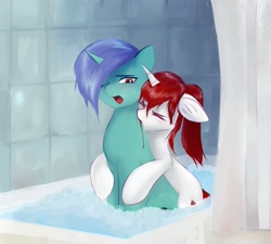 Size: 1280x1152 | Tagged: safe, artist:some_ponu, derpibooru import, oc, oc only, oc:evelyn, oc:rediska, unicorn, fallout equestria, bath, biting, blood, consensual vampirism, female, horn, hug, male, mare, neck biting, stallion, straight, unicorn oc, washing