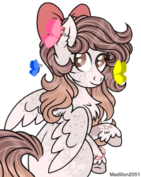 Size: 803x1011 | Tagged: safe, artist:madlilon2051, derpibooru import, oc, oc only, butterfly, pegasus, pony, bow, commission, ear fluff, ears, eyelashes, female, hair bow, mare, pegasus oc, simple background, smiling, solo, transparent background, unshorn fetlocks, wings, ych result