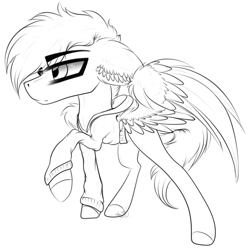 Size: 2489x2513 | Tagged: safe, artist:beamybutt, derpibooru import, oc, oc only, pegasus, pony, clothes, ear fluff, ears, lineart, male, monochrome, pegasus oc, raised hoof, raised leg, simple background, solo, stallion, white background, wings