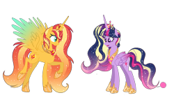 Size: 1309x750 | Tagged: safe, artist:just-silvushka, derpibooru import, princess twilight 2.0, sunset shimmer, twilight sparkle, twilight sparkle (alicorn), alicorn, pony, the last problem, alicornified, base used, crown, duo, ethereal mane, eyelashes, female, hoof shoes, jewelry, mare, older, older twilight, peytral, race swap, regalia, simple background, spread wings, starry mane, transparent background, wings