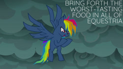 Size: 1280x720 | Tagged: safe, derpibooru import, edit, edited screencap, editor:quoterific, screencap, evil pie hater dash, rainbow dash, pegasus, pony, season 7, secrets and pies, cloud, female, flying, mare, open mouth, open smile, smiling, solo, wings