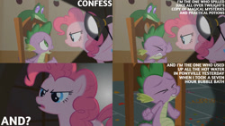 Size: 1280x720 | Tagged: safe, derpibooru import, edit, edited screencap, editor:quoterific, screencap, gummy, pinkie pie, spike, alligator, dragon, earth pony, pony, party of one, season 1, chair, eyes closed, female, implied twilight sparkle, male, mare, open mouth, sugarcube corner