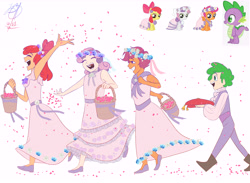 Size: 10100x7400 | Tagged: safe, artist:blacktiger273, derpibooru import, apple bloom, scootaloo, spike, sweetie belle, dragon, earth pony, human, pegasus, unicorn, a canterlot wedding, absurd resolution, basket, clothes, cummerbund, cutie mark crusaders, flats, floral head wreath, flower, flower girl, flower girl dress, grin, humanized, jewelry, open mouth, open smile, petals, pillow, ring, ring bearer, shoes, simple background, smiling, tan skin, vest, wedding ring, white background