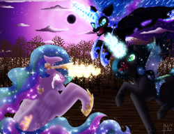 Size: 1190x916 | Tagged: safe, artist:bluediamondoficial01, derpibooru import, nightmare moon, princess celestia, queen chrysalis, alicorn, changeling, pony, angry, cloud, crown, crying, ethereal mane, feather, female, fight, flowing mane, flowing tail, flying, glowing, glowing eyes, glowing horn, hoof shoes, horn, jewelry, looking at you, magic, moon, moonlight, night, open mouth, regalia, signature, sky, spread wings, starry mane, starry tail, stars, tail, tree, wings