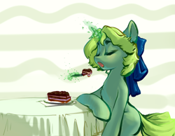 Size: 3875x3000 | Tagged: safe, artist:blue ink, derpibooru import, oc, oc only, oc:tingsan, pony, unicorn, cake, eating, food, magic, open mouth, sitting, solo, table, telekinesis