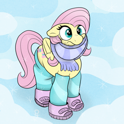 Size: 1673x1672 | Tagged: safe, artist:pony-thunder, derpibooru import, fluttershy, pegasus, pony, winter wrap up, boots, clothes, ears, female, floppy ears, leg warmers, mare, scarf, shoes, snow, snow boots, solo, winter